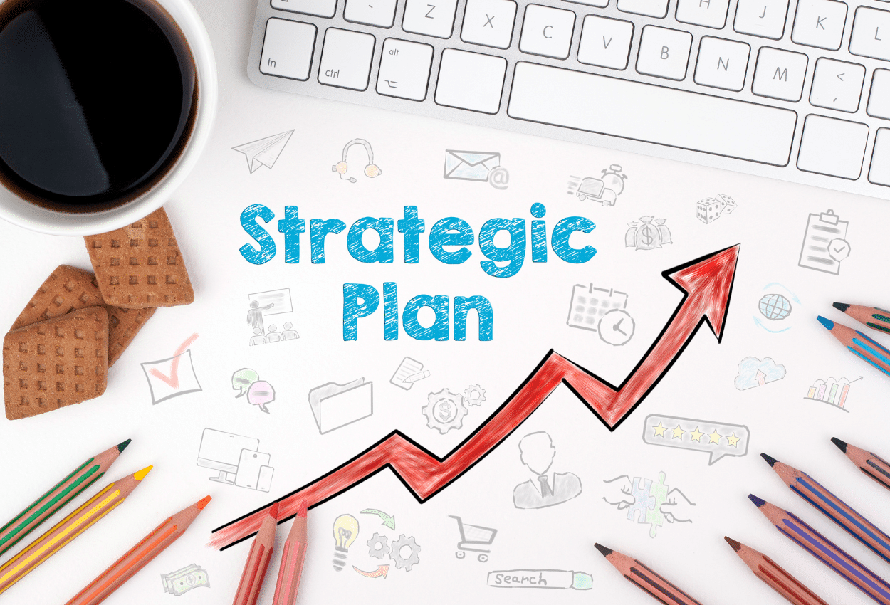 Strategic plan illustration with upward arrow, coffee, cookies, and pencils